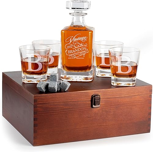 Juego de decantadores de whisky personalizados de 5 piezas, decantador de licor personalizado de edición limitada, 25 onzas, 25.4 fl oz con 4 piezas