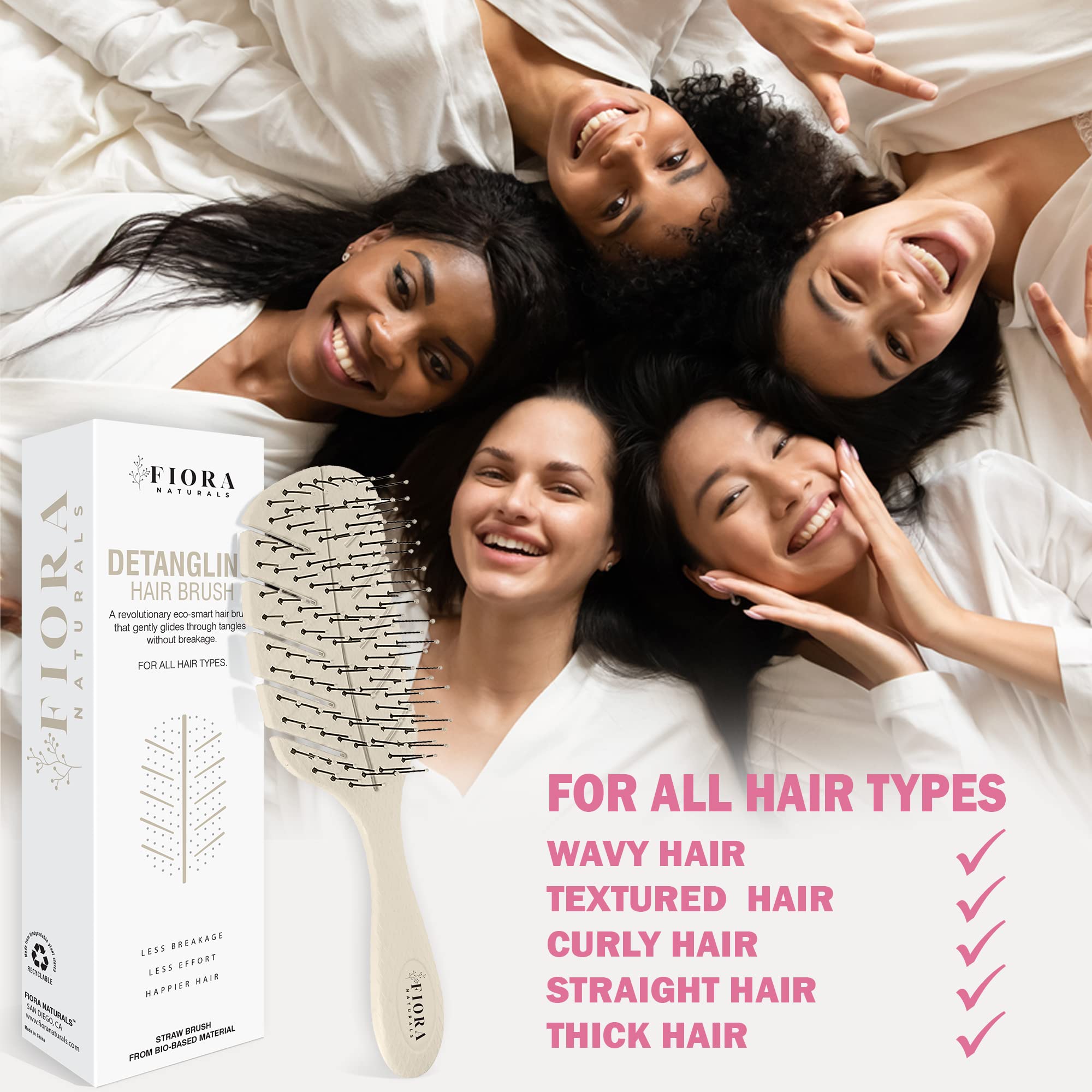 Fiora Naturals - Cepillo desenredante 100% ecológico con cerdas ultrasuaves, se desliza a través de los enredos con facilidad, para cabello rizado, fino, negro natural, mujeres, hombres, niños, seco
