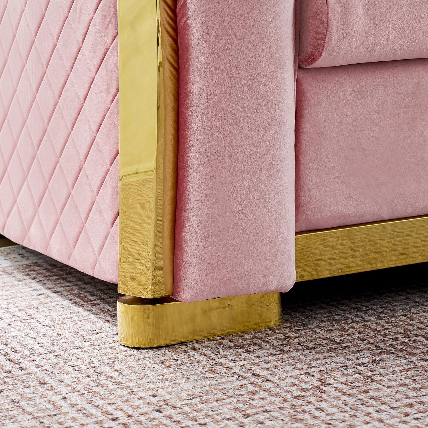 106-in L-Shaped Chesterfield Sectional Sofa Set with Gold Stainless Steel Accents, Velvet Button Tufted Back, 5 Pillows, Soft Foam Cushions, Luxury Living Room Couch, 105.5"x84.2"x32.2", Pink