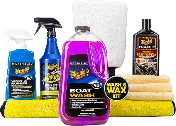 Meguiar's Boat & RV Wash & Wax Starter Kit - The Perfect Detailing Kit For Boats & RVs - Includes Wash, Wax, Water Spot Remover, Vinyl & Rubber Detailer and Cleaning Accessories