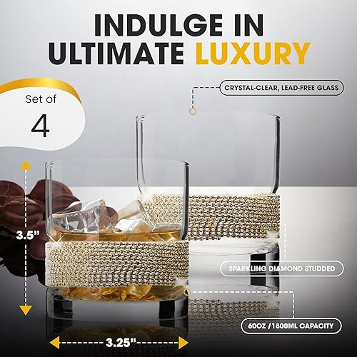 Miniatura 9 de Vasos de whisky Lowball  Vasos de cristal a la antigua moda con diseño de diamantes de imitación brillantes para vino y cóctel, 10 onzas cada uno