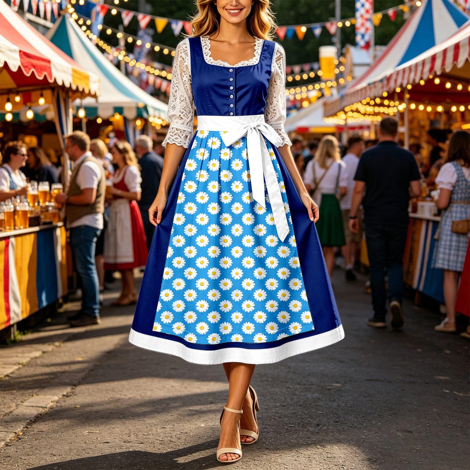 Generisch Dirndl da donna, taglie grandi, per Oktoberfest, vestito midi per costume tradizionale bavarese, elegante abito da festa della birra con motivo floreale, fiocco impero