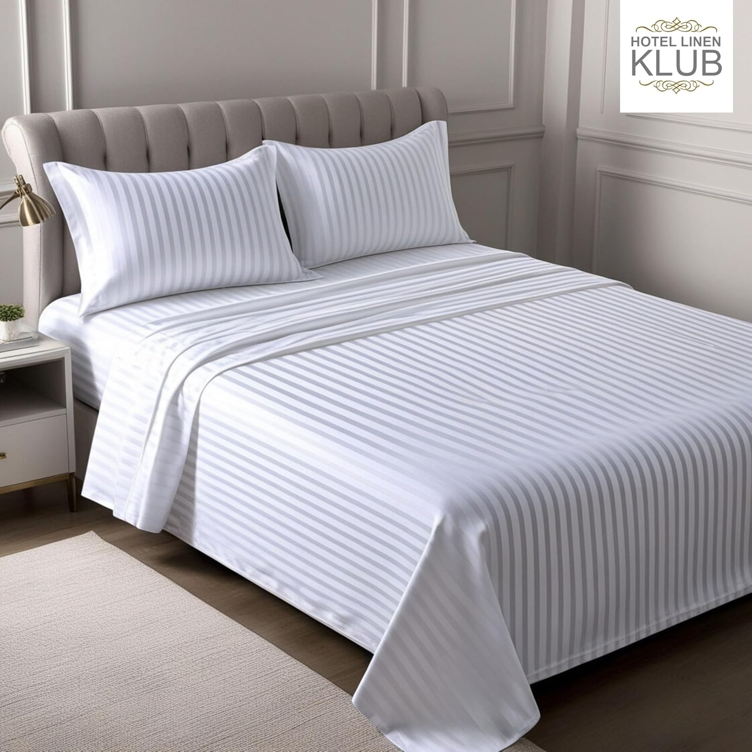 100% Cotton 1Pc Flat Sheet 1cm Striped Design – Soft and Breathable 300 Thread Count Extra-Long Staple Cotton and Fade Resistant Top Sheet White King Size (108X110 Inches)