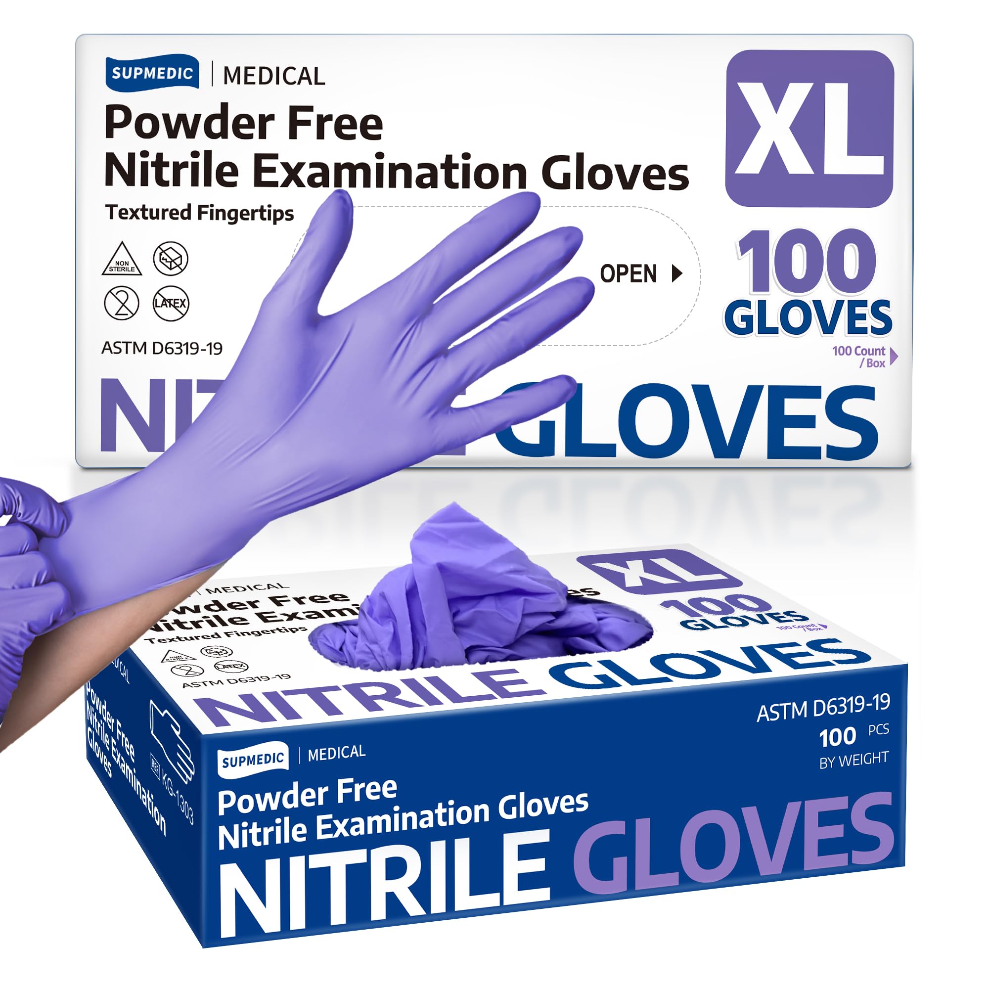 Supmedic Nitril-Untersuchungshandschuhe, 3,5 mm, medizinische Einweghandschuhe, puderfrei, latexfrei, Box mit 100 Stück (Lila) (XL)