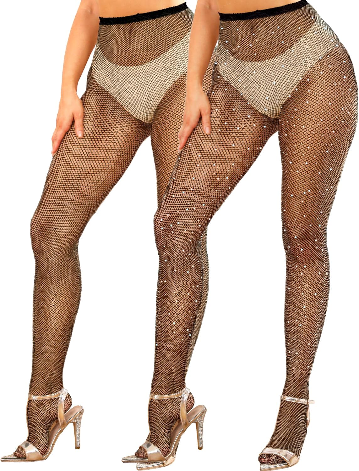 ZINTEDI 2 Pairs Fishnet Stockings for Women Fishnet Tights Sparkly Fishnets for Women