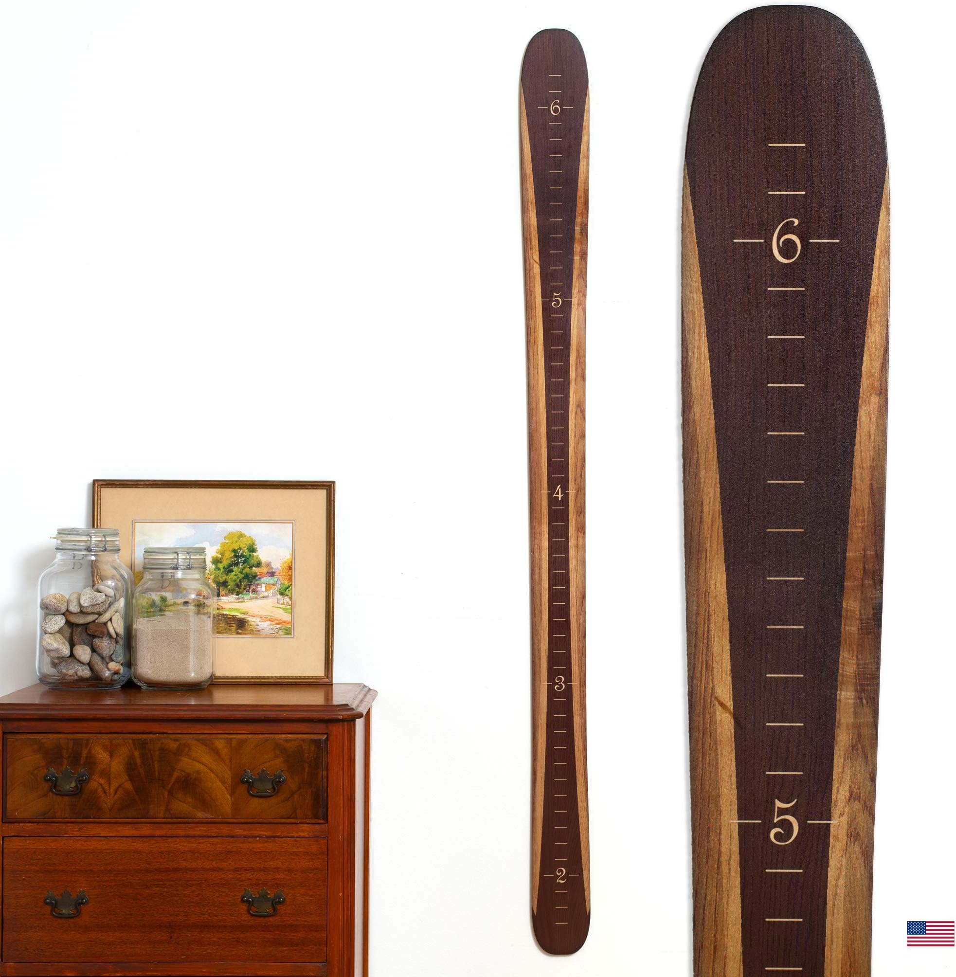 Wooden Ski Growth Chart | Baby Skis | Ski Gifts | Wall Hanging Wood Height Chart for Measuring Kids, Children, Boys, Girls | Brown