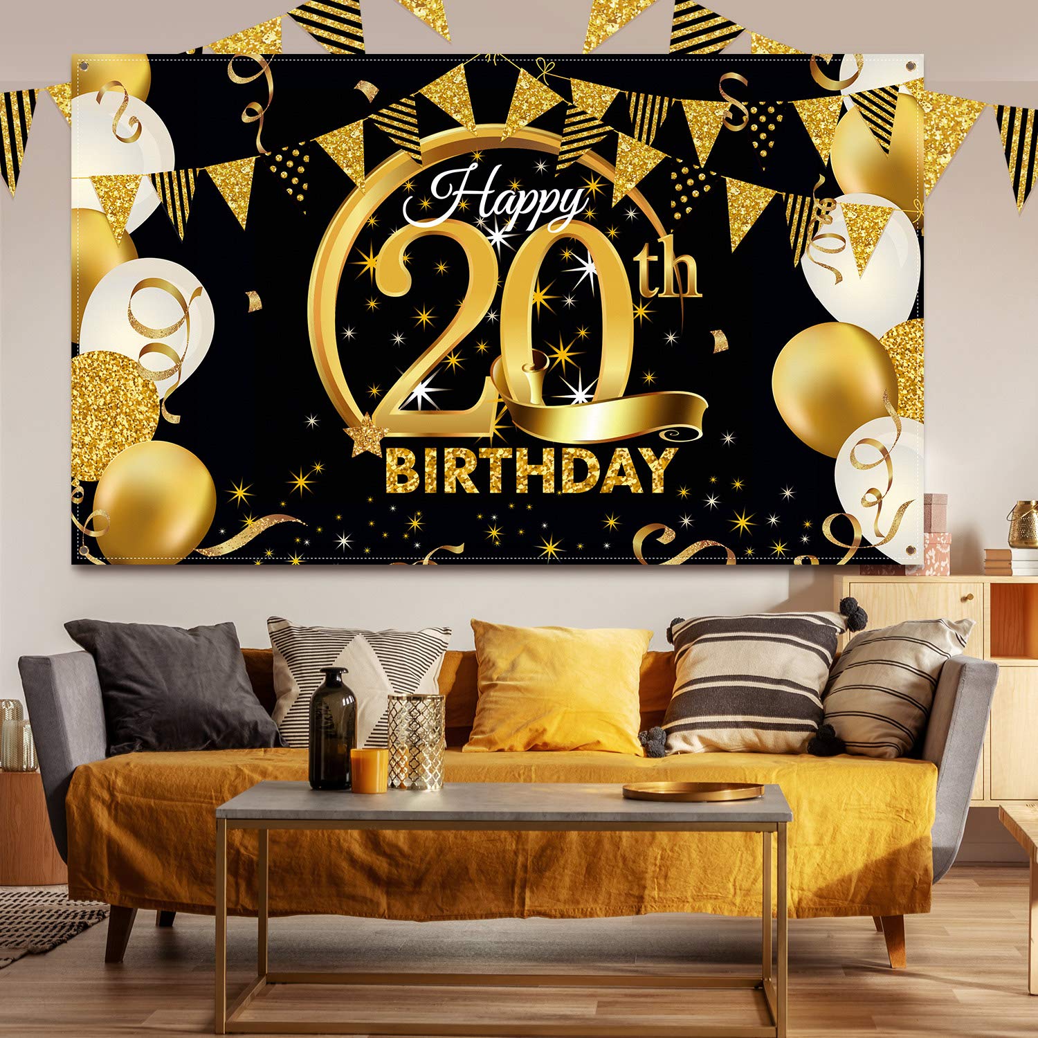 Schwarz-Gold Geburtstags-Banner 180x120 Cm – Wiederverwendbarer Party-Hintergrund Aus Polyester, Mit 4 Kupfertüllen Zum Aufhängen