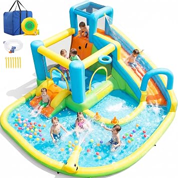 Inflatable Bounce House Water Slide, 13-in-1 Bounce House Water Park w/Slide,Basketball Hoop, Splash Pool,Jump Area, Outdoor Water Play Center for Ages 3-12, Backyard Summer Fun w/Blower Splash Park