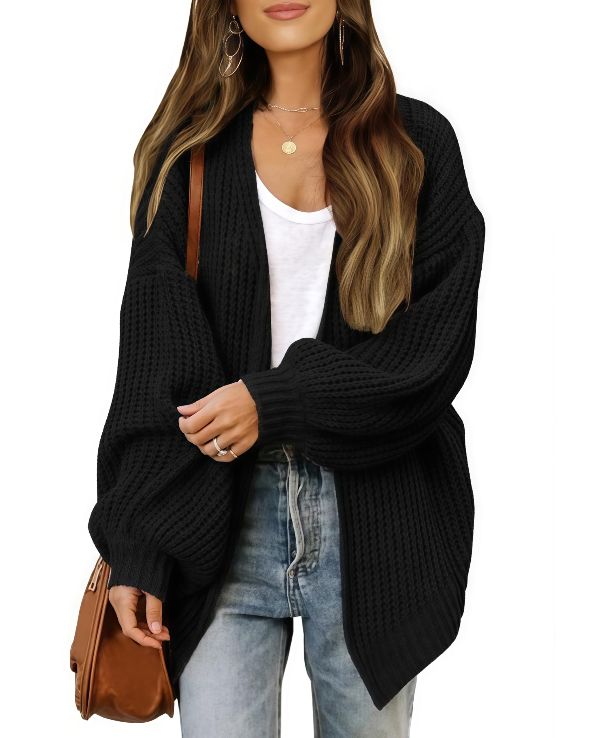 JFAN Cardigan Donna a Manica Lunga Lavorato a Maglia Leggero Sciolto Aperto Maglione Giacca Calda con Tasche per Autunno Inverno