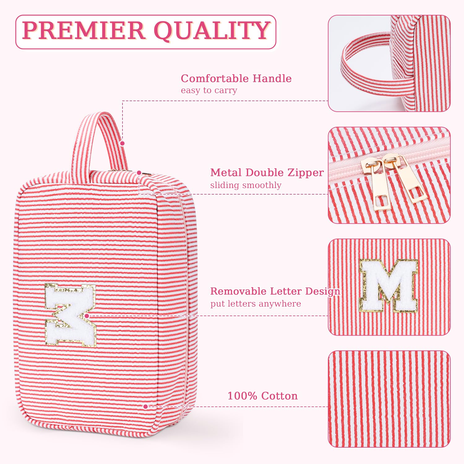 Etercycle Personalized Initial Makeup Bag, Large Travel Make Up Bags, Cute Pink Chenille Letter Bag Preppy Monogram Bag Organizer Bride Bridesmaid Cosmetic Bag Gifts M