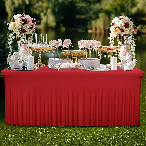 Vista 23 de Babenest Paquete de 1 falda de mesa de elastano negro de 6 pies para mesas rectangulares, resistentes a las arrugas, con volantes, para ferias
