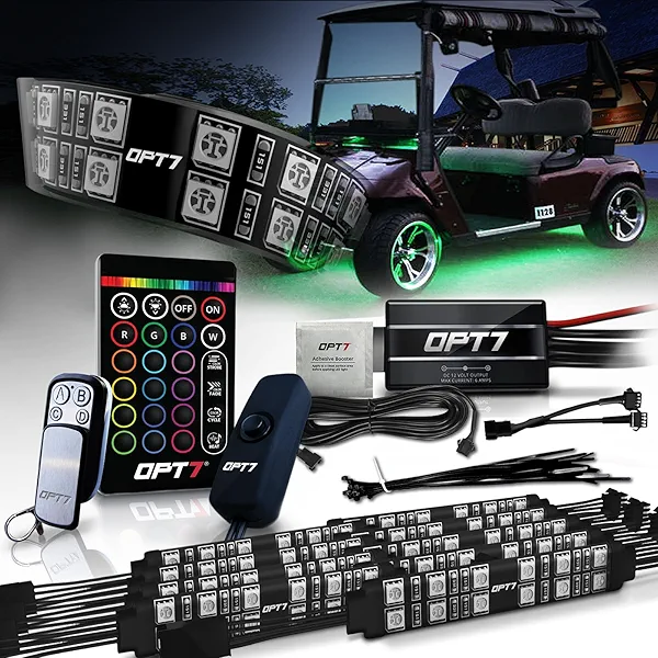 OPT7 Aura Golf Cart Underglow LED Light Strip Kit, RGB Multicolor Accent Lighting w/Wireless Remote Control, 12V Neon Canopy Underbody Decor Accessories, 10pc Double LED Strips for EZGO Yamaha Car