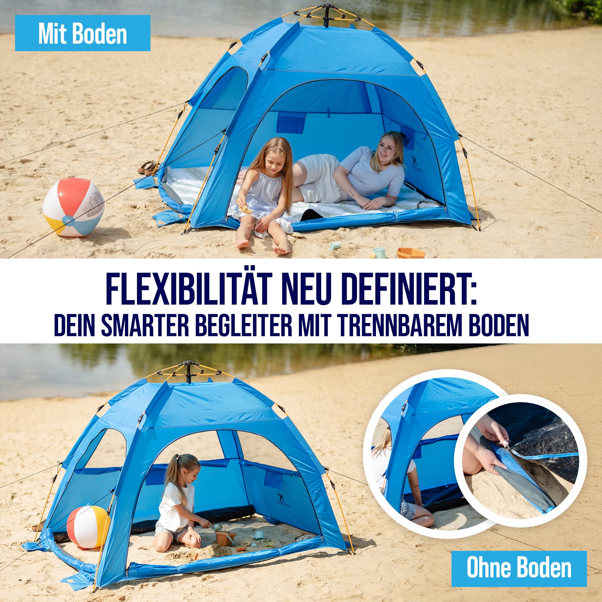 Strandmuschel für 2 Personen – UV-Schutz 50+ & abnehmbarer Boden | Quick-Up System für 10 Sek. Aufbau | Windstabil inkl. Sandtaschen, Seile, Heringe & Tragetasche, Blau