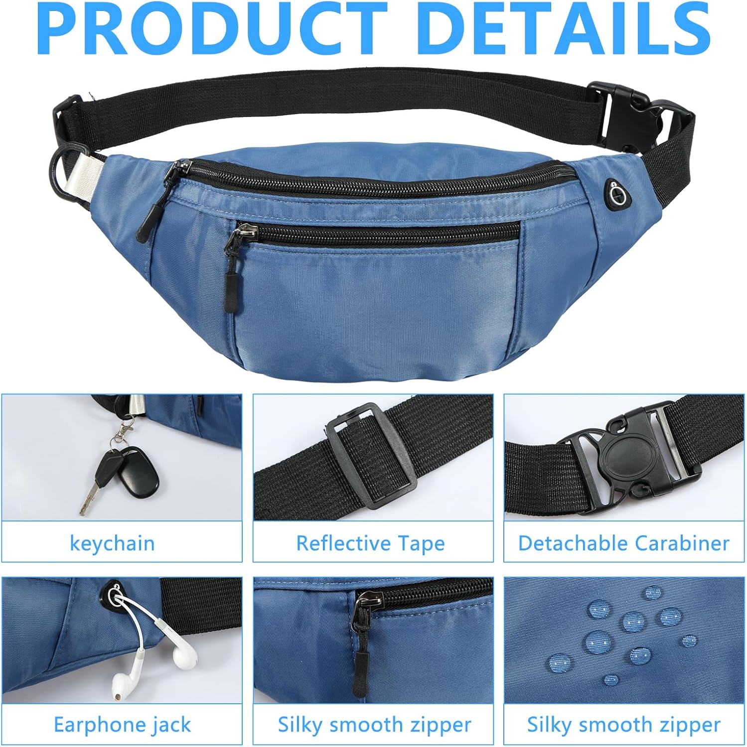 5PCS Crossbody Fanny Pack Large Capacity Waist Bag with 4-Zipper Pockets Adjustable Strap Fanny Packs Waterproof Oxford Cloth Travel Belt Bag for Outdoor Shopping Travel Men Women,Blue - Image 5