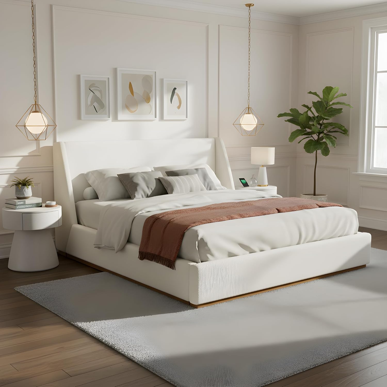 Merax Sophisticated Wingback Upholstered Platform Bed Frame, Solid Wood Construction & High Weight Capacity, Premium Splash-Resistant White Fabric, Queen Size