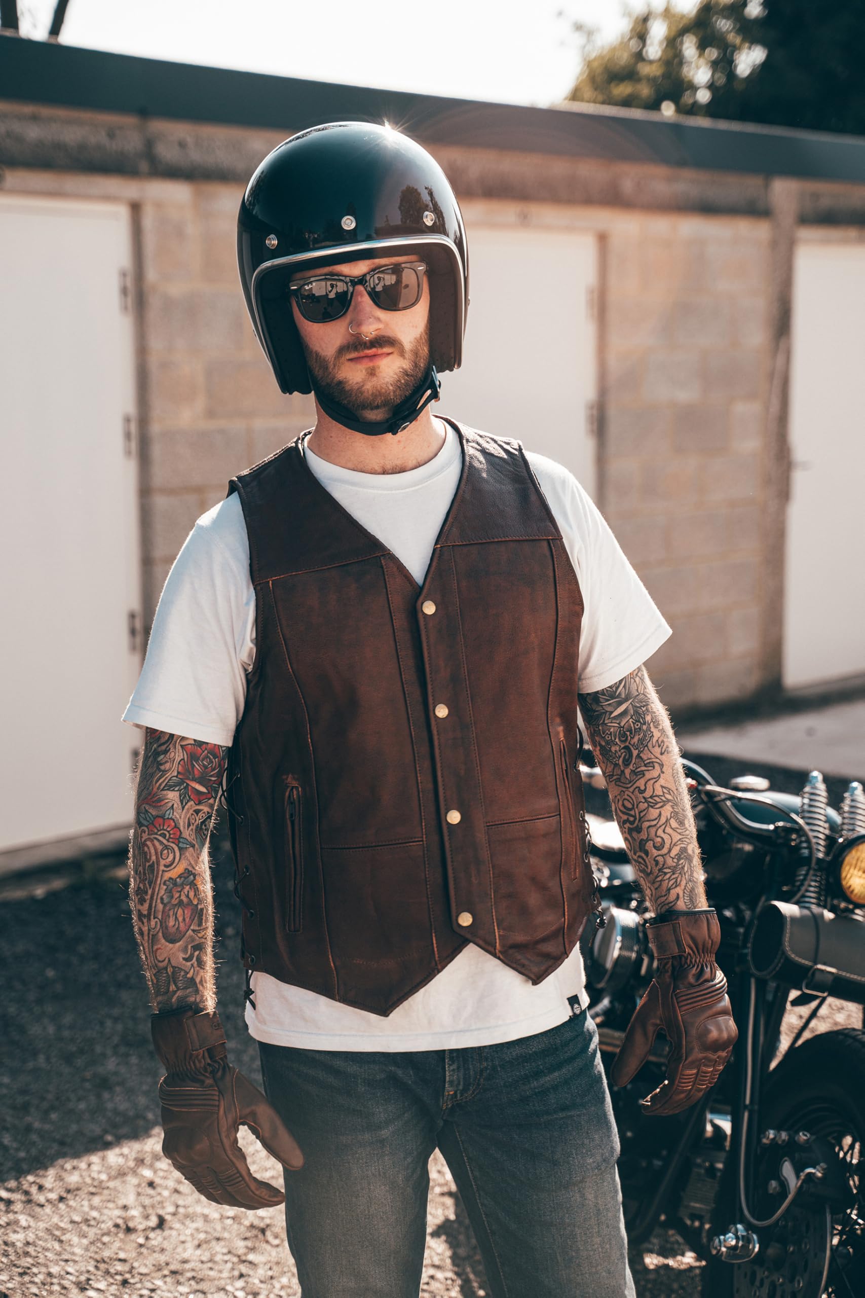 Texpeed motorrad leder weste herren - Chopper biker rocker lederweste - Reißverschlusstaschen mit geschnürt rindleder top-grain echtleder - Braun - (L)