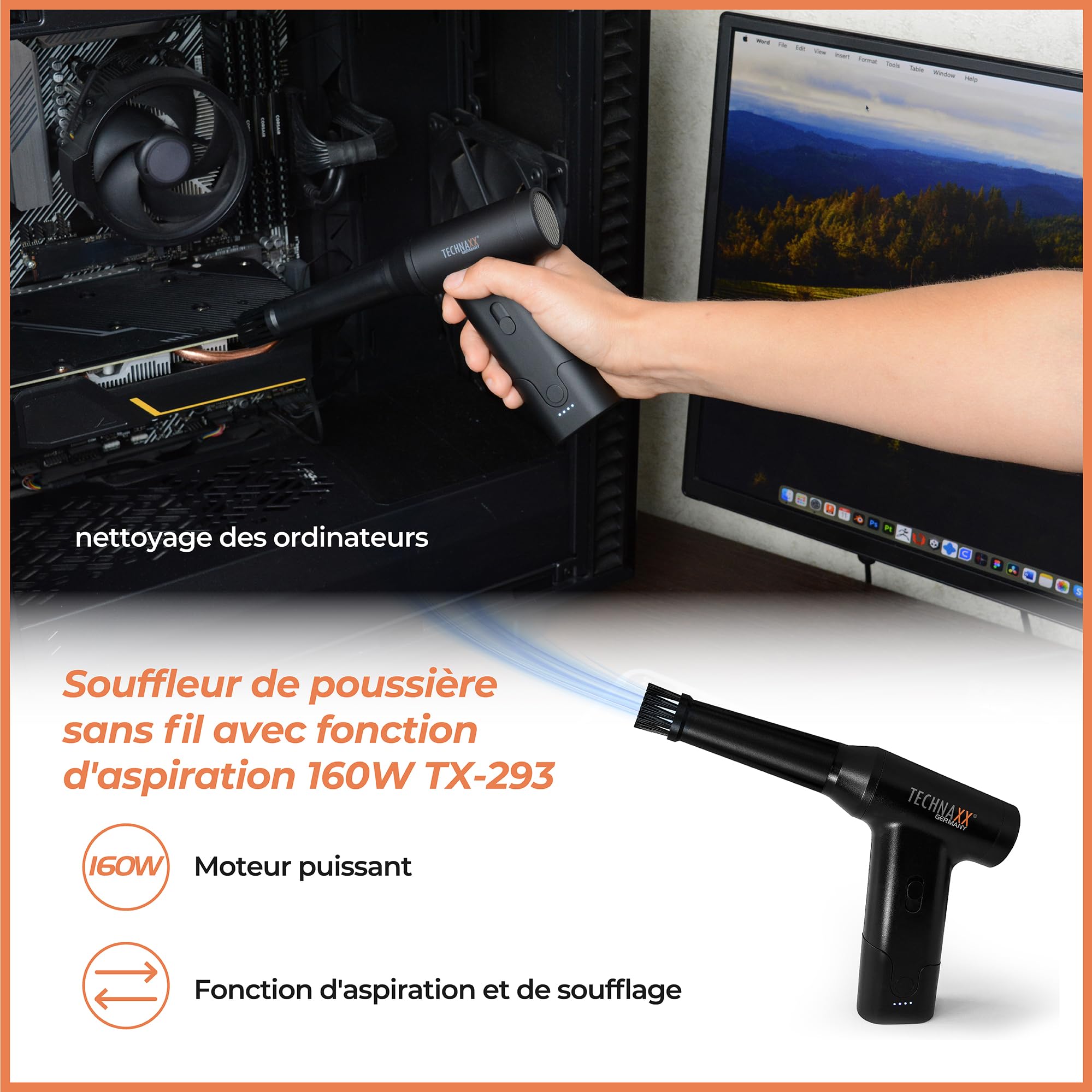 Aspirateur à main sans fil Technaxx avec dépoussiéreur à air, dépoussiéreur électrique rechargeable 160 W TX-293 – Contrôle de vitesse en continu, 5 buses polyvalents – Pour les voitures, les claviers