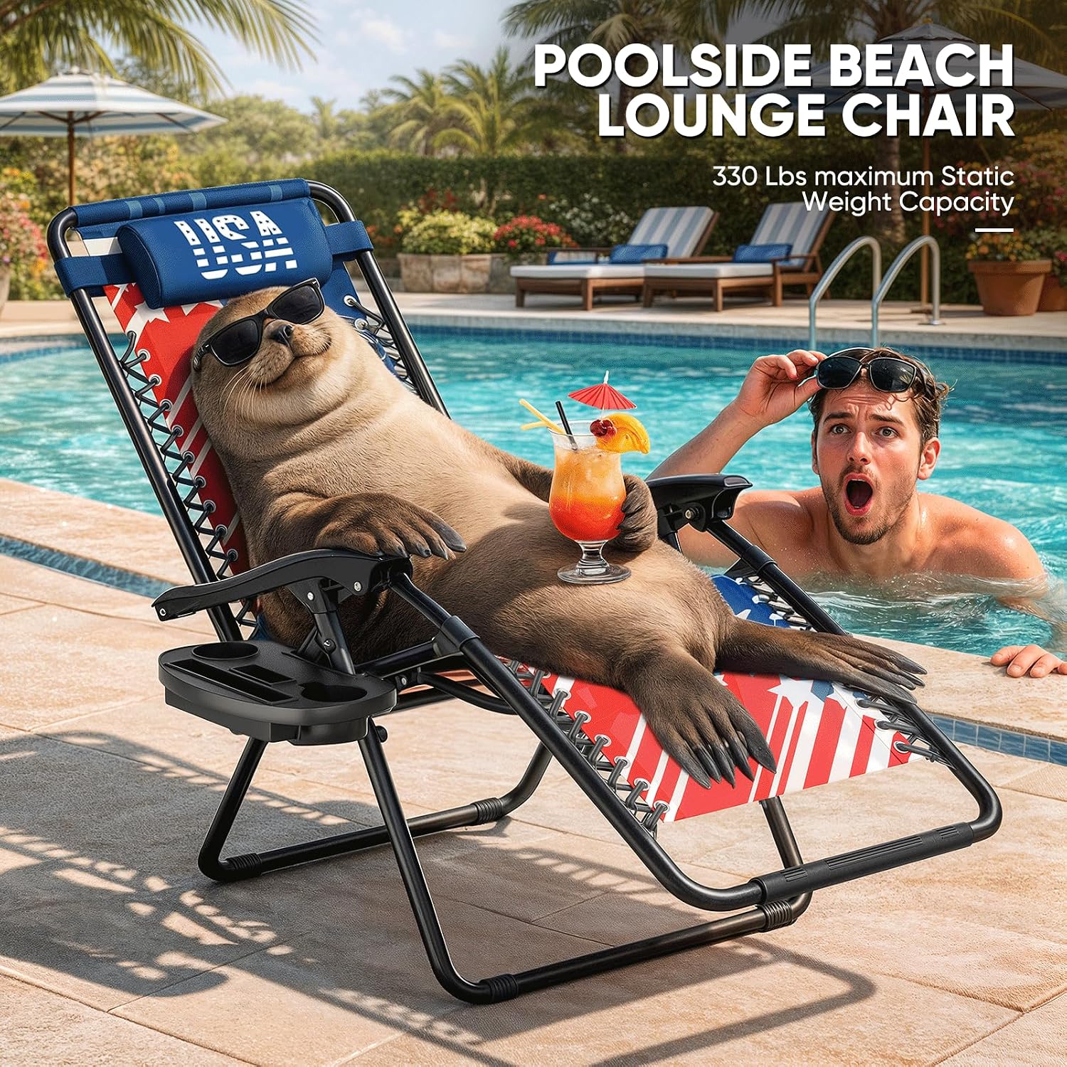 MoNiBloom Zero Gravity Lounge Chair Set of 2, 25" Wide Adjustable Folding Outdoor Recliner for World Cup 2026, 95–160° Recline, 330LBS Capacity with Pillow and Cup Holder, Striped Star-Inspired Design