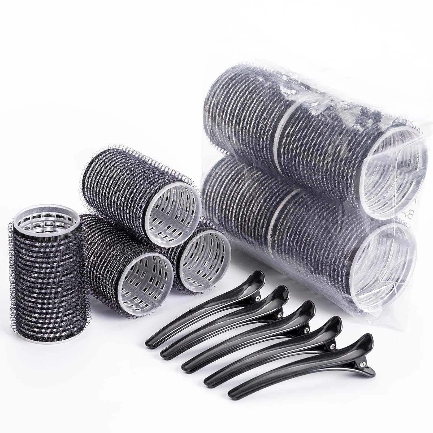 Hair Rollers Set 8pcs Jumbo Hair Curlers Rollers With Clips Storage Large Self grip Hair Roller Set for Long Hair,Medium and Short Hair 3 Sizes Black Salon Hairdressing Curlers