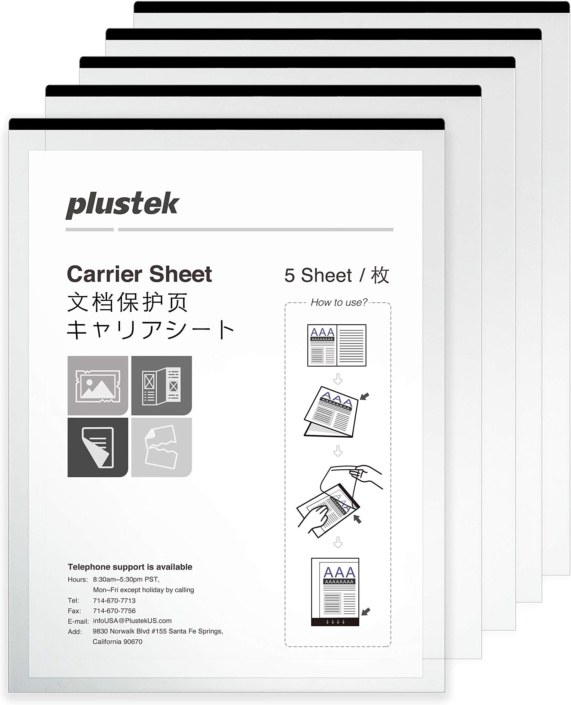 Plustek A4 / Letter Size Document Carrier Sheets (Pack of 5) - Protects Fragile Paper and A3 Size Document by Folding Support Epson, Brother, Fujitsu and Canon Document Scanner