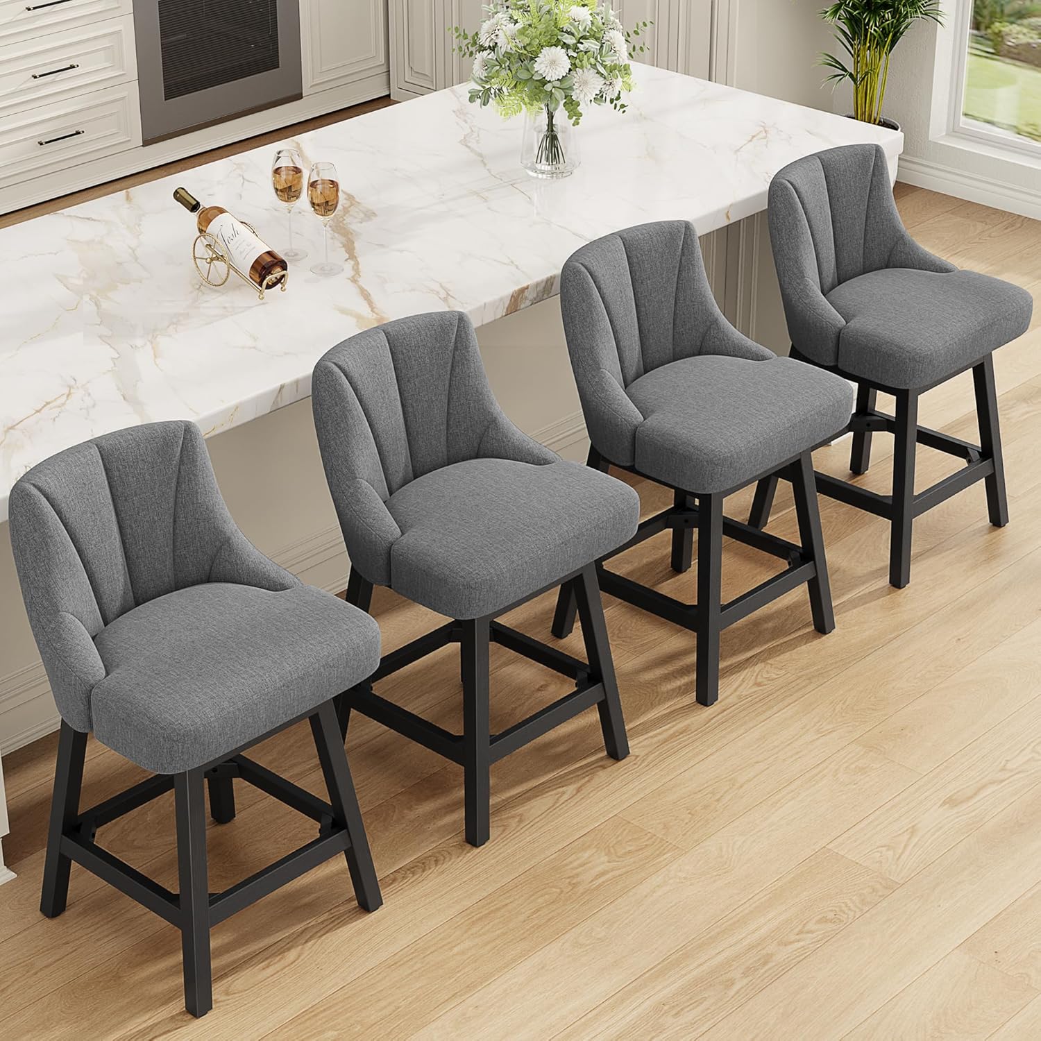 REONEY Swivel Bar Stools Set of 3, Fabric Upholstered Counter Height Barstool, 26" Modern Kitchen Island Chairs with Back and Solid Wood Legs for Home Bar Dining Room, Dark Grey