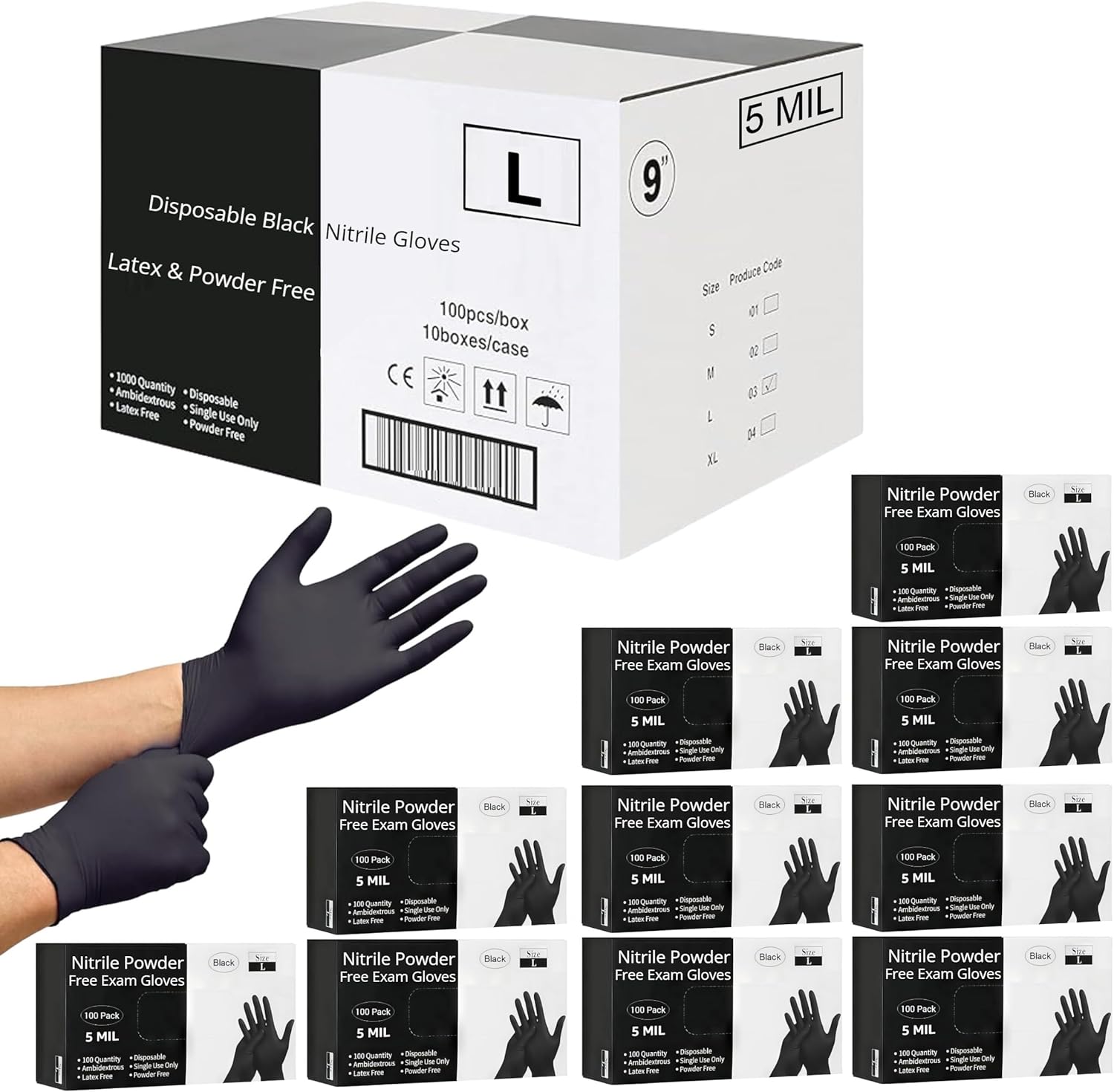 Disposable Black Nitrile Gloves 100-1000 Pcs (S/M/L/XL) 5 Mil Latex & Powder Free Food Safe & Durable ("L" 1000 Pcs.) Thumbnail