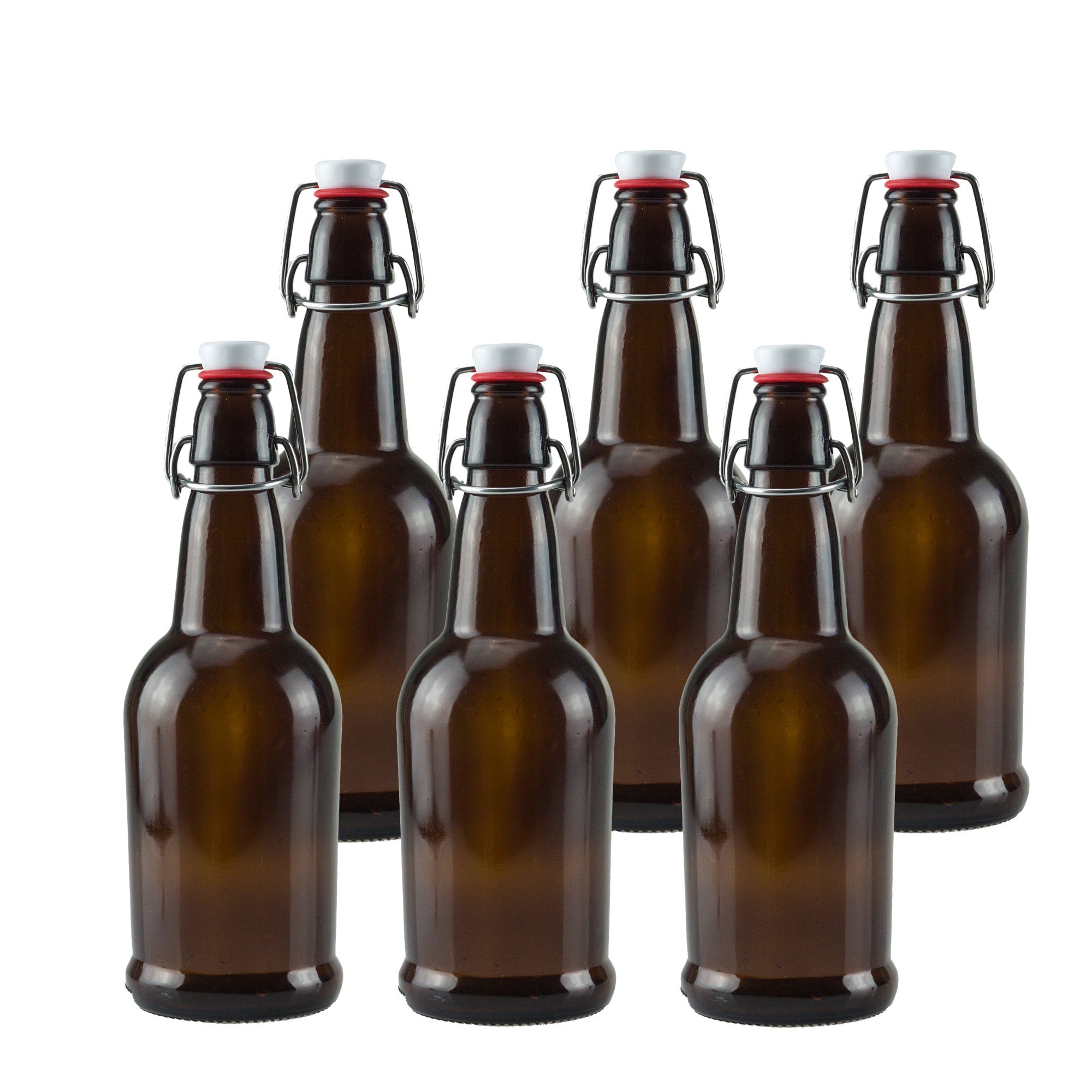 Ilyapa 16oz Amber Glass Beer Bottles for Home Brewing - 6 Pack with Airtight Rubber Seal Flip Caps