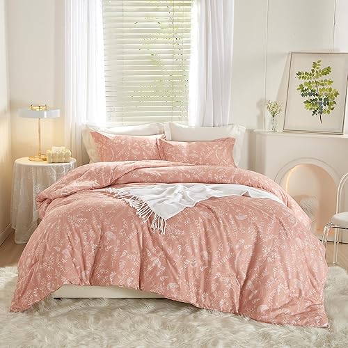 mixinni Juego de edredón tamaño matrimonial con estampado botánico y hojas de flores rosadas, de microfibra lavada ultrasuave, con cierre de