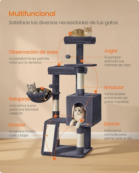 Feandrea Árbol para Gatos, Rascador de Gatos, Torre con Postes y Rampa Rascador, 3 Grandes Plataformas, 1 Cueva, 1 Hamaca, 2 Pompones, Altura 136 cm, Gris Oscuro PCT012GS01 - 3