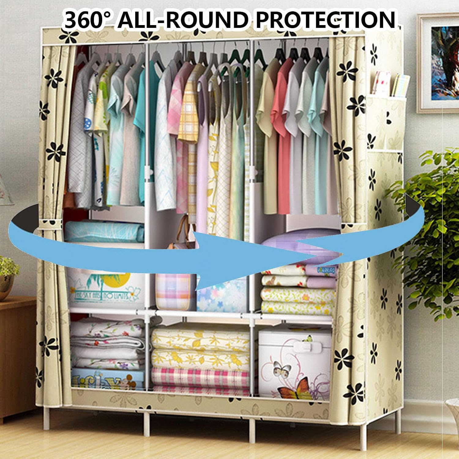 Portable Canvas Wardrobe, Foldable Clothes Closet Storage Organizer with Hanging Rail, Shelves, Side Pockets, Fabric Wardrobe for Clothes, Bags,Pink-125x45x168cm