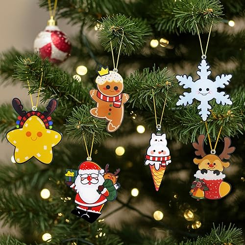 6 adornos acrílicos para decoración de árbol de Navidad, decoraciones colgantes de Papá Noel, muñeco de nieve, reno, pan de jengibre, estrella, copo