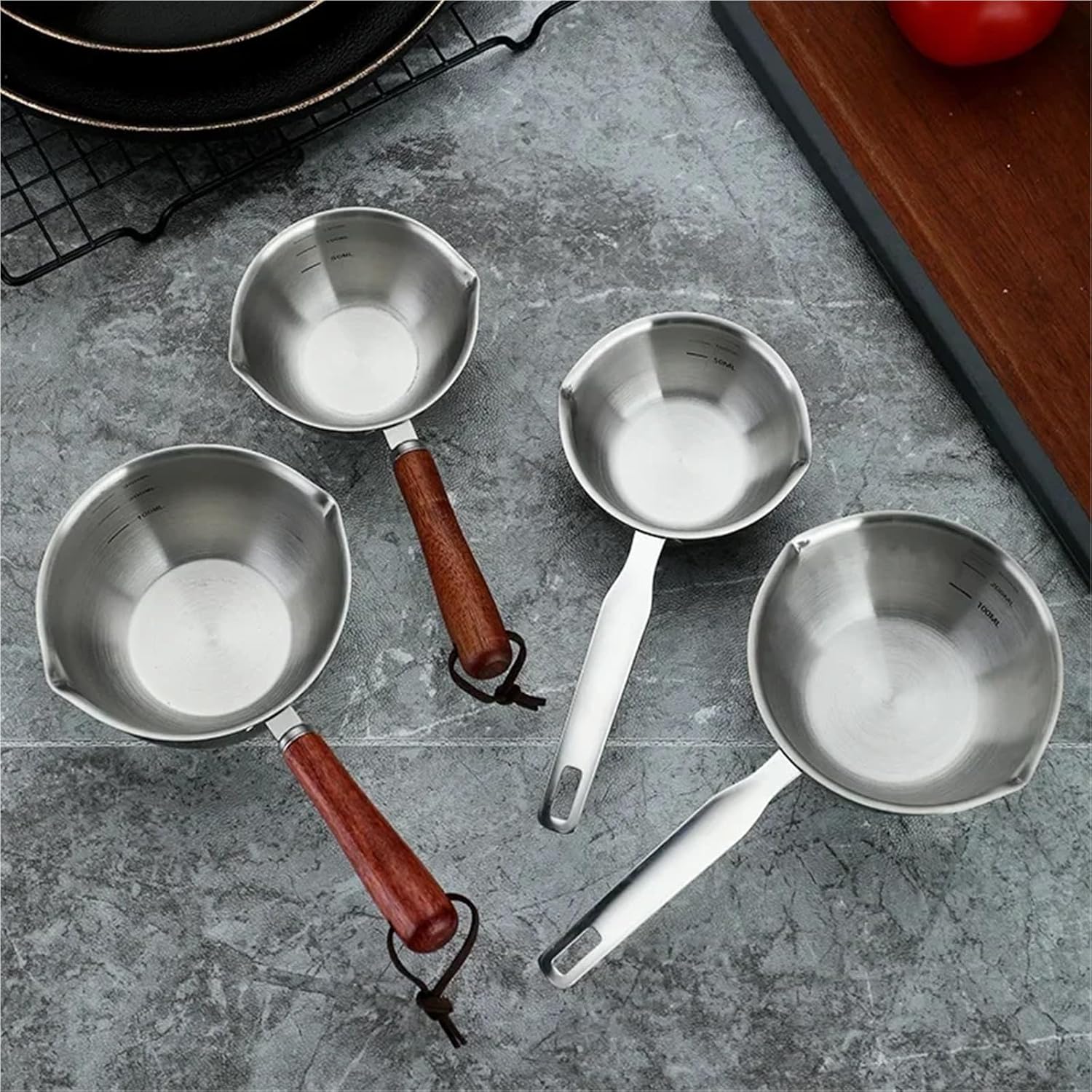 Mini 304 Stainless Steel Oil Pot with Wooden Handle Small Kitchen Pan for Butter Chocolate Sauces(Steel-L)