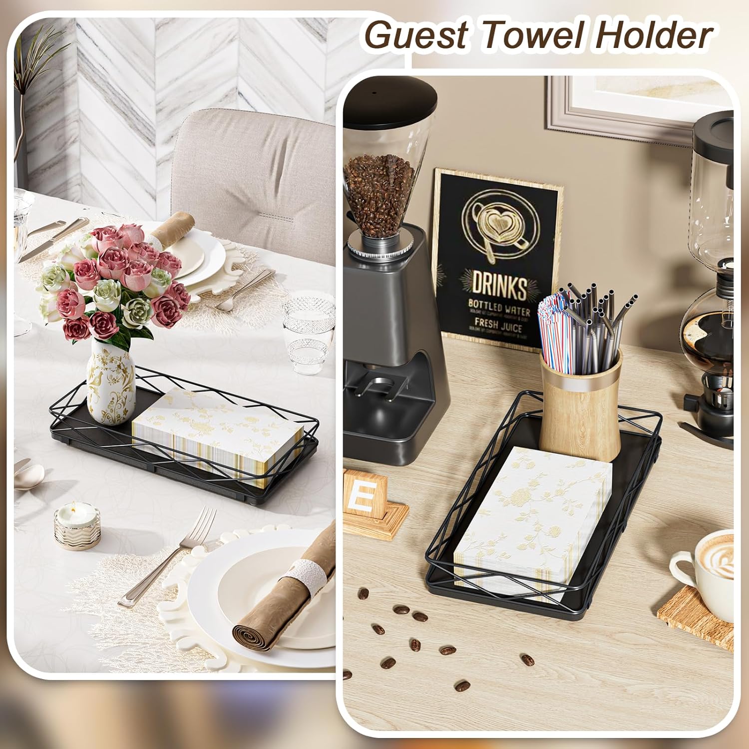 Toilet Paper Basket Holder, 13" Bathroom Tray Countertop, Wood and Metal Toilet Tank Tray Bathroom Vanity Organizer for Toiletry, Kitchen Sink Organizer for Soap Dispenser (Black) - Image 7