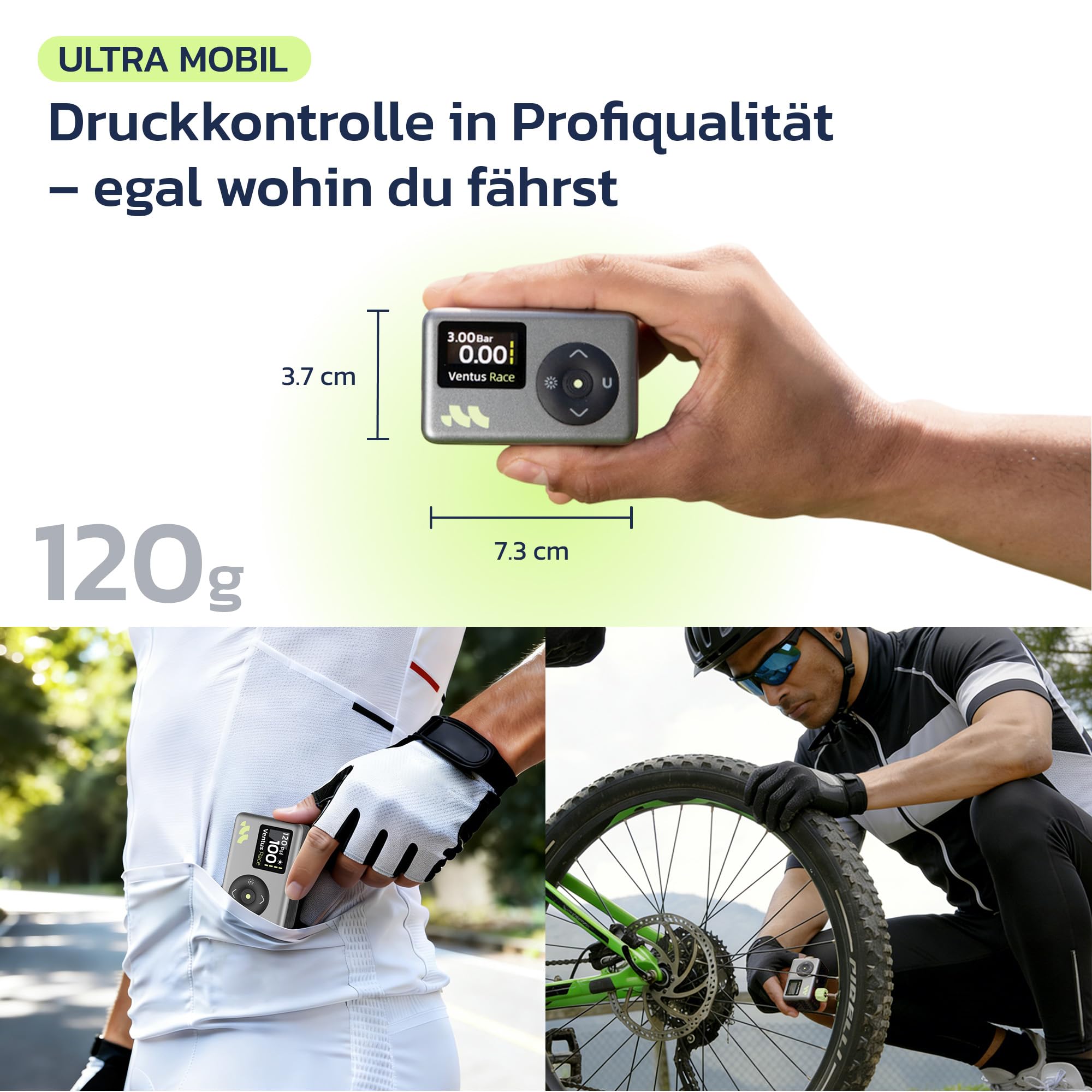 Woowind Fahrradpumpe, Elektrische Fahrradpumpe, Luftpumpe Fahrrad, 50 Sek. schnelles Aufpumpen, 120PSI/8.27Bar, Presta- und Schrader-Ventil für alle Fahrräder, Mini Kompressor Fahrrad mit LED-Licht
