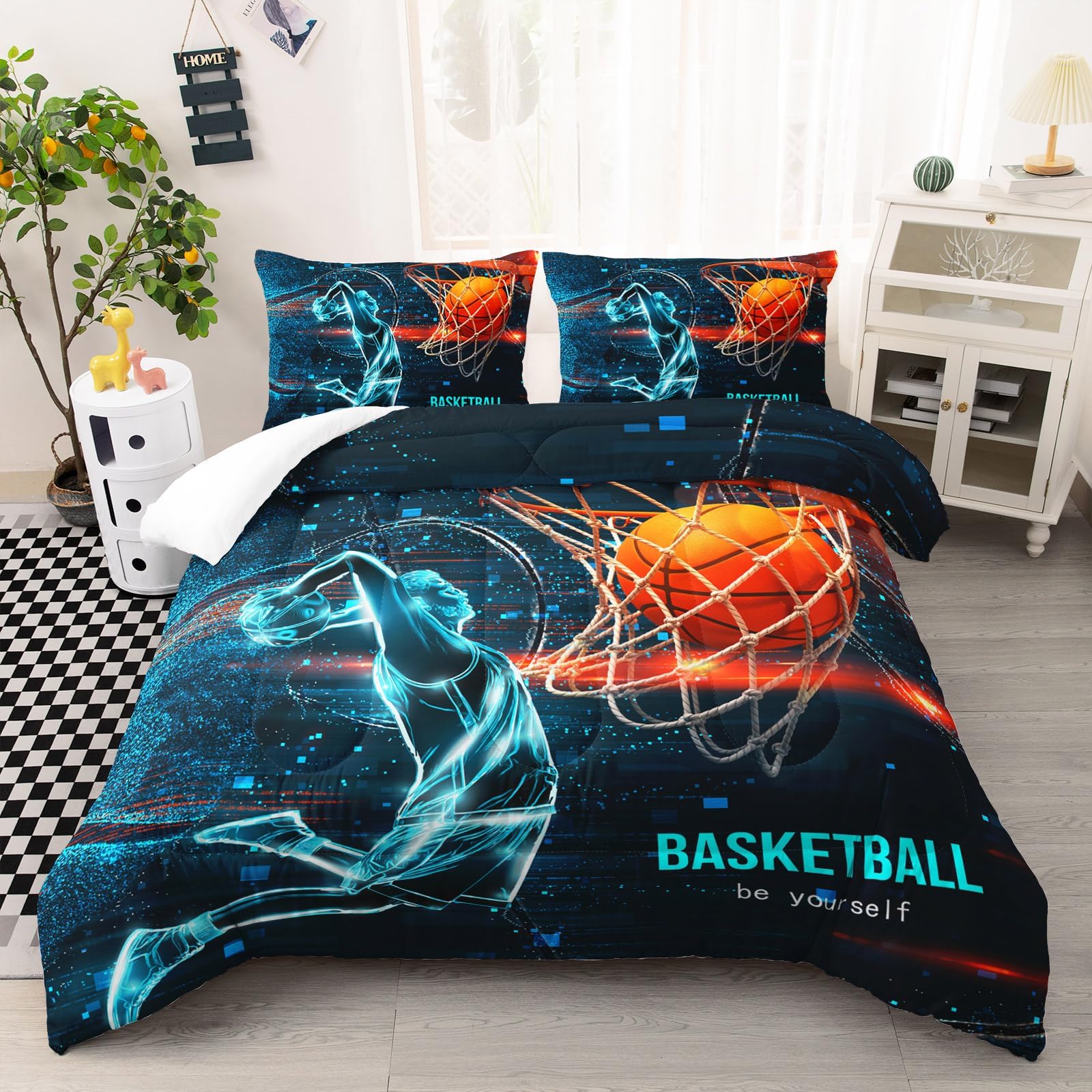 Ntlfup Sports Comforter Sets for Boys - Basketball Comforter Set Full Size with Blue and Black Bedding, All Season Teens Bedroom Down Duvet - 1 Comforter with 2 Pillowcases