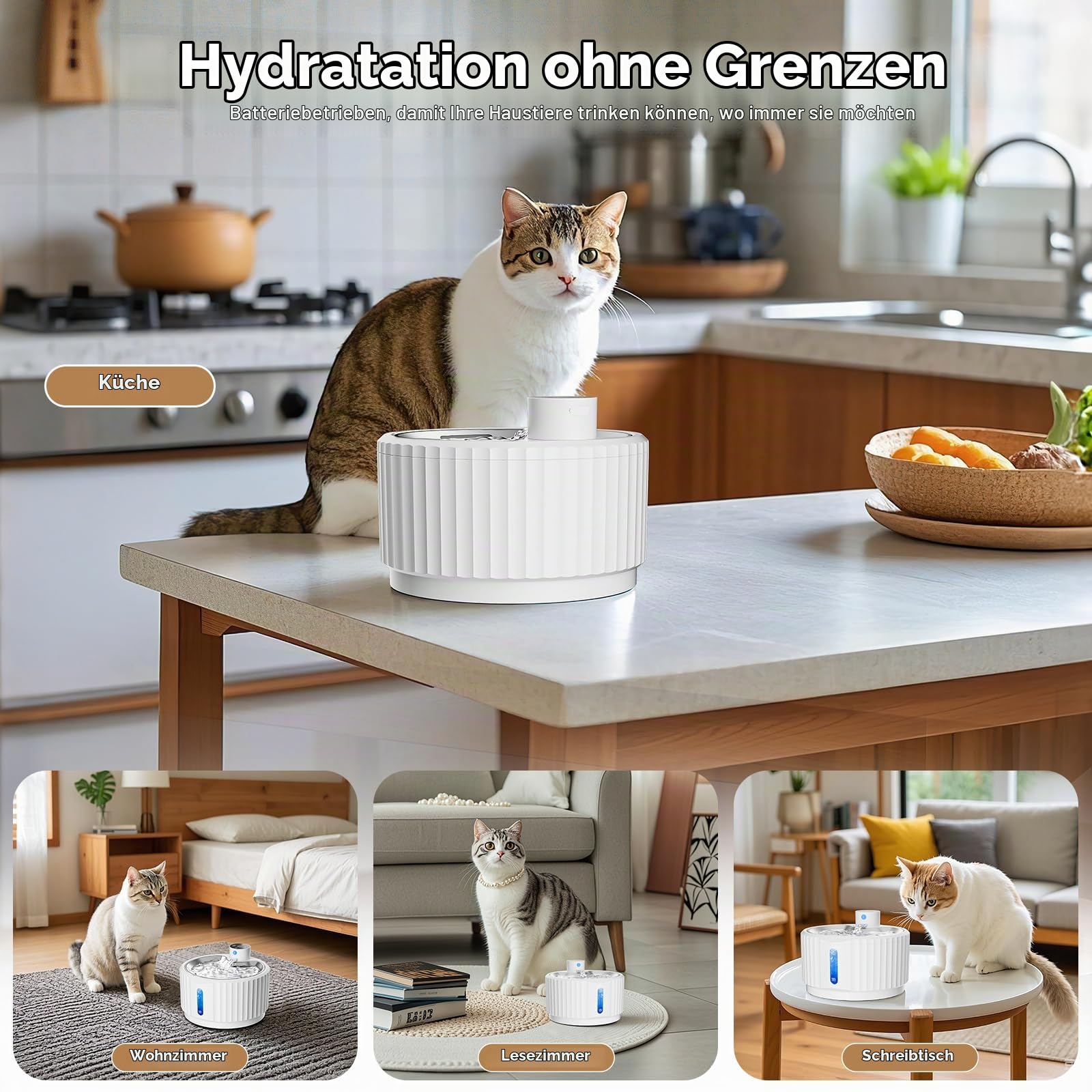 Katzenbrunnen, 2.8L Trinkbrunnen für Katze Kabellos, 4000mAh katzentrinkbrunnen mit bewegungsmelder, Wasserbrunnen mit Ersatzfiltern, Wasserspender Katzen, Leise Wasserpumpe, Tablett aus Edelstahl