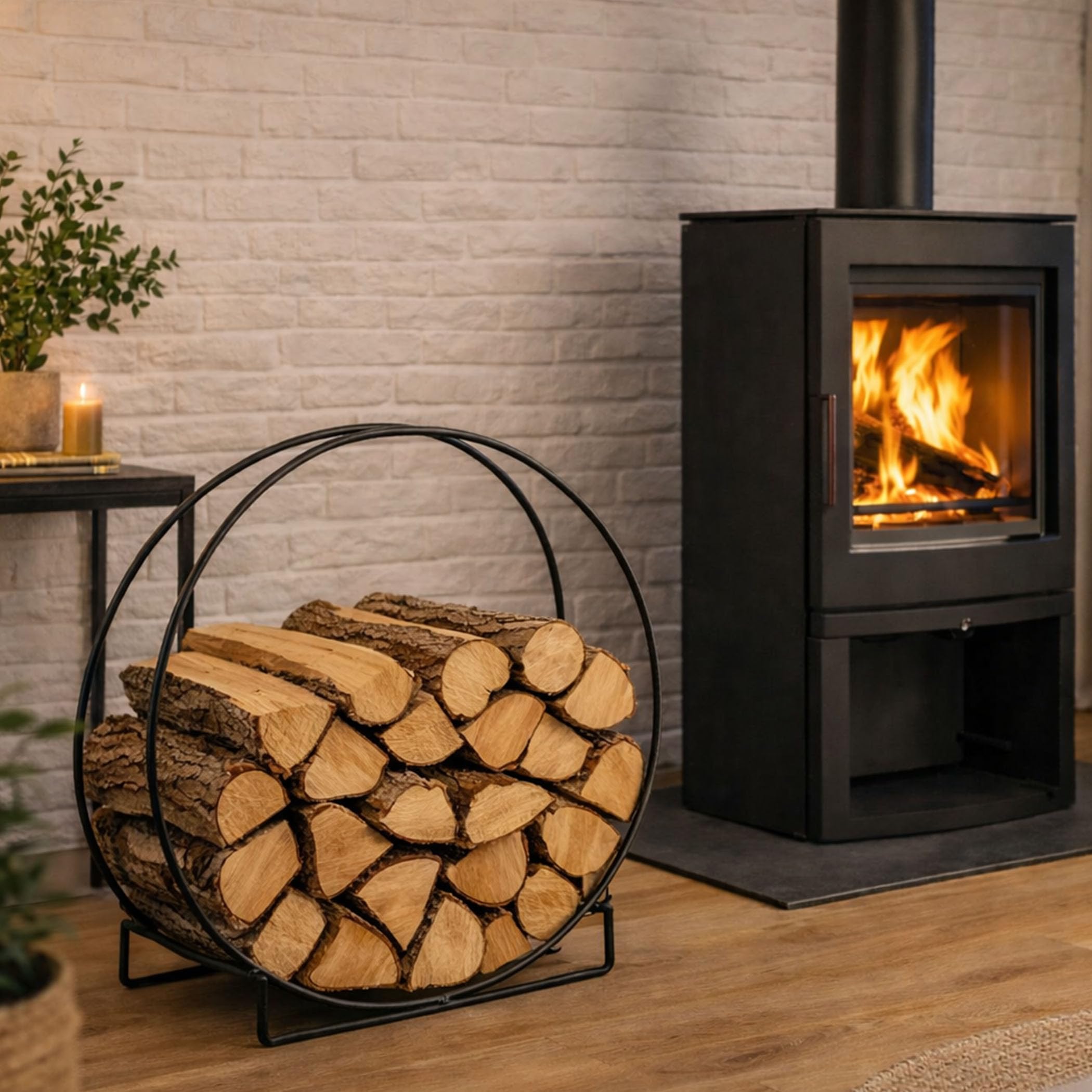 Moritz Kaminholzregal rund 51 cm Metall schwarz Brennholz innen modern | Feuerholzregal und Kaminholzständer in Ringform, freistehend, dekorative Holzaufbewahrung für Wohnzimmer, Kamin und Ofen