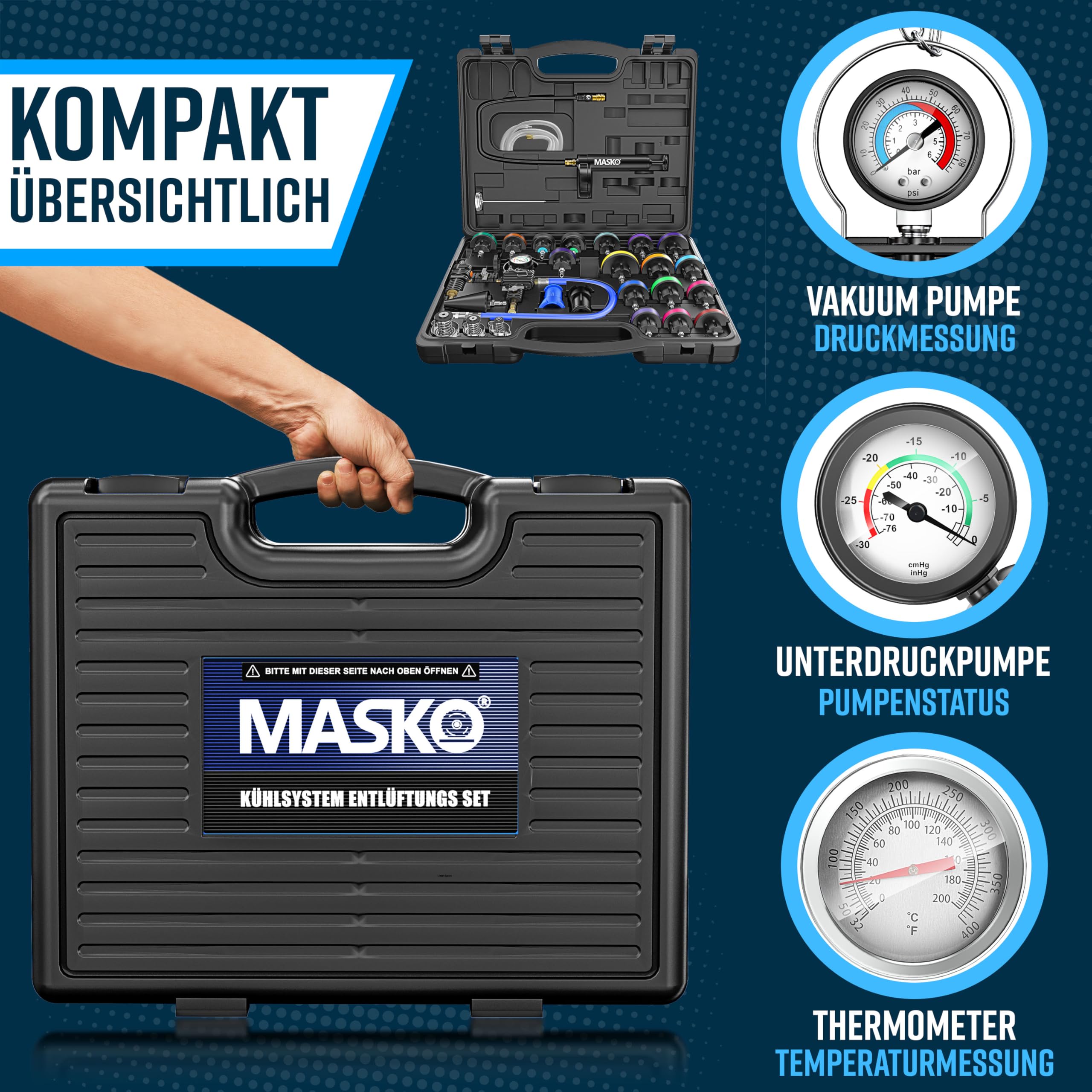 MASKO® Comprobador de sistema de refrigeración y dispositivo de purga | Comprobador de presión del radiador, dispositivo de purga de 28 piezas, incluye adaptador de radiador universal, bomba de vacío