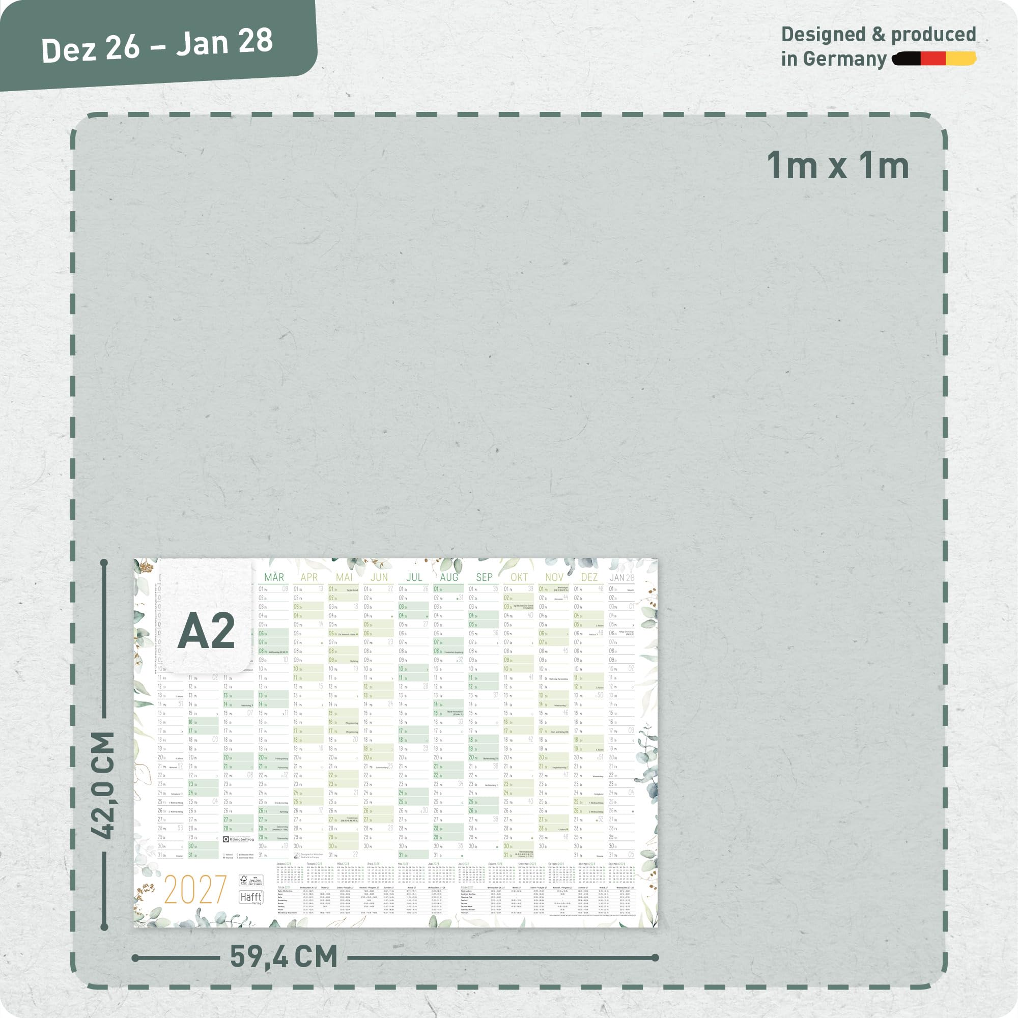Häfft® Wandkalender 2027 A2 quer (59,4 x 42 cm) Wandplaner mit Ferien & Feiertagen für DE, Jahresplaner gefalzt für 14 Monate - inkl. gratis A3 + A4 Kalender "Blattgold"