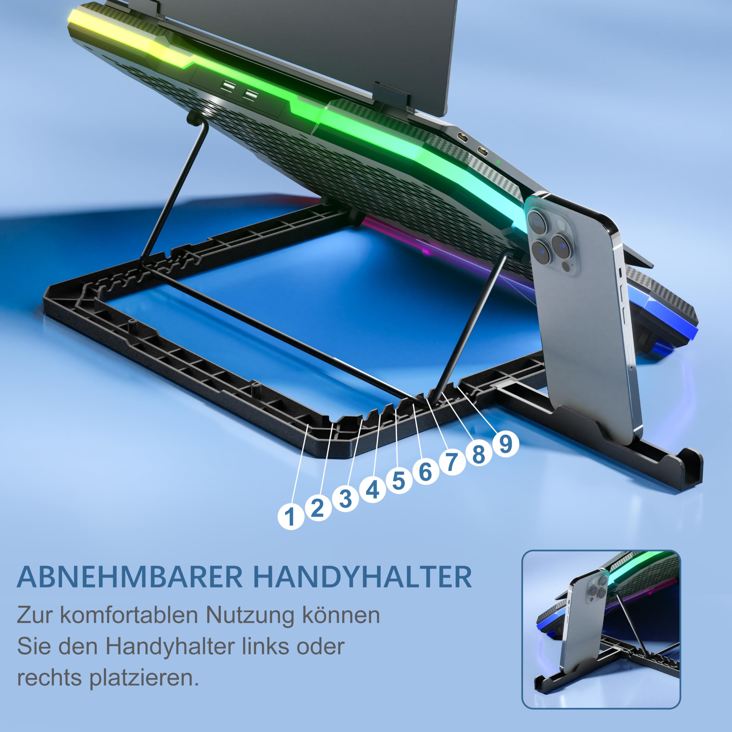 Laptop-Kühlpad MOOJAY mit 9 Leisen Lüftern für 14–19-Zoll-Notebooks, Gaming-Kühlständer mit 6 Einstellbaren Lüftergeschwindigkeiten, 10 RGB-Lichtmodi, 2 USB-Anschlüssen und Handyhalter
