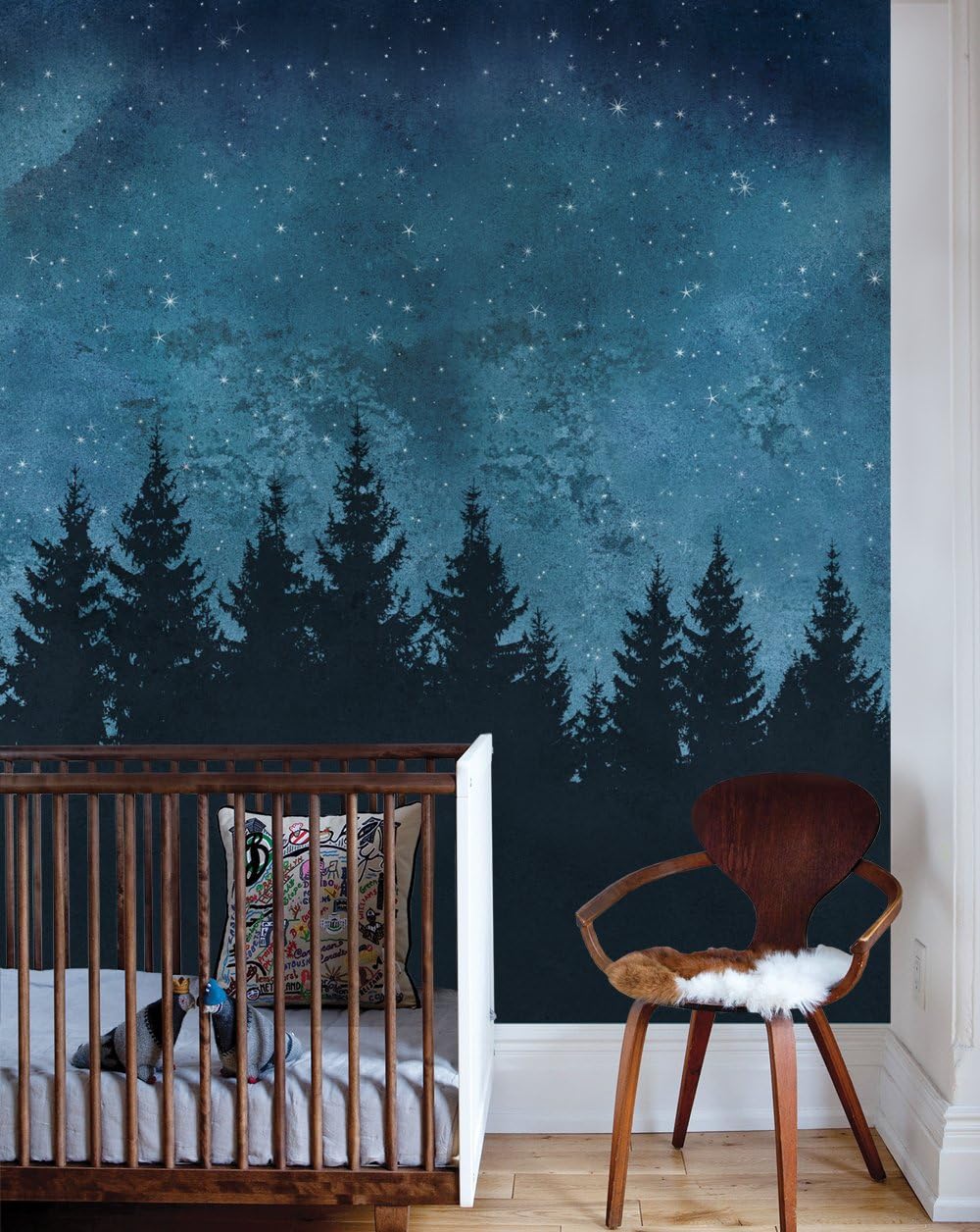 Simple Shapes Forest Trees Night Scene Mural Wall Art Wallpaper - Black and White - Peel and Stick (4 Sheet Pack - 2ft x 9ft)