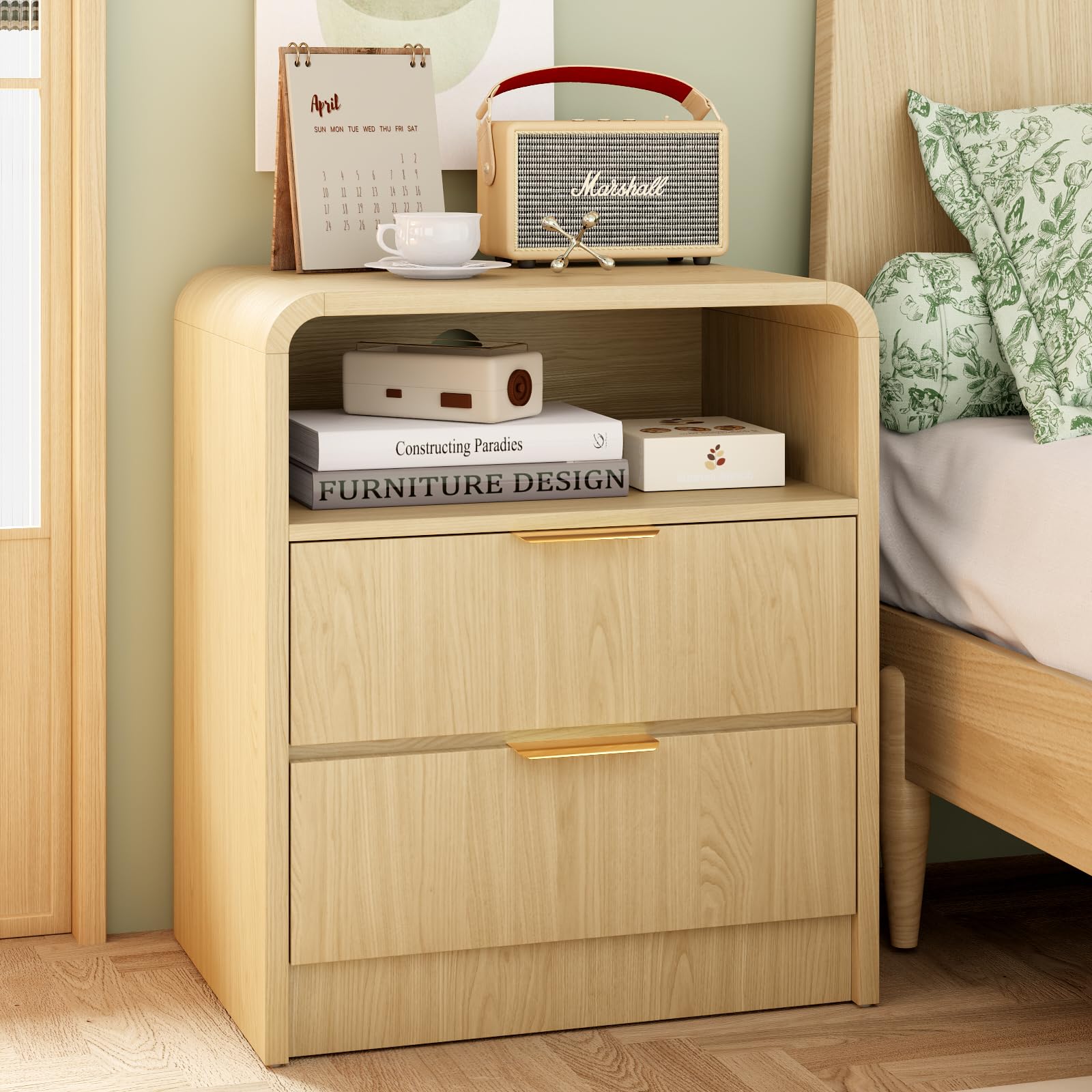 View 1 of ***CHECK COMMENTS***   SMORBOSS Modern Nightstand, Mid Century End Table with 2 Drawers, Natural Oak