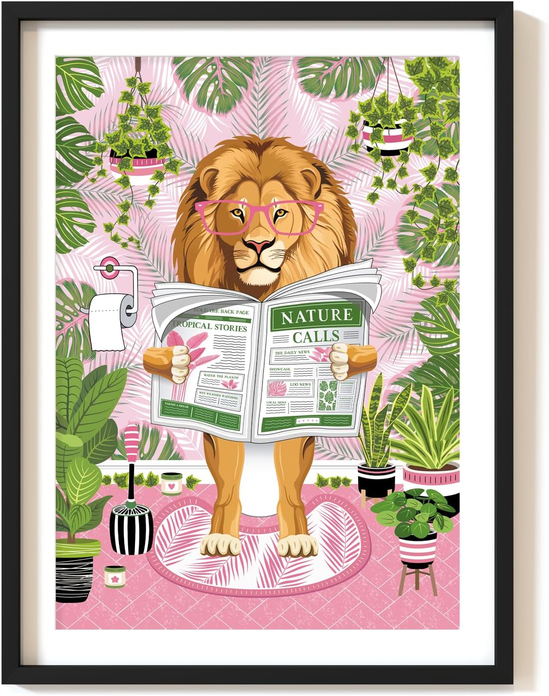 Parmaro Lion on Toilet, Reading Newspaper Bathroom Art, A4 UNFRAMED, Animal on Toilet, Pink Botanical, Tropical Bathroom Decor