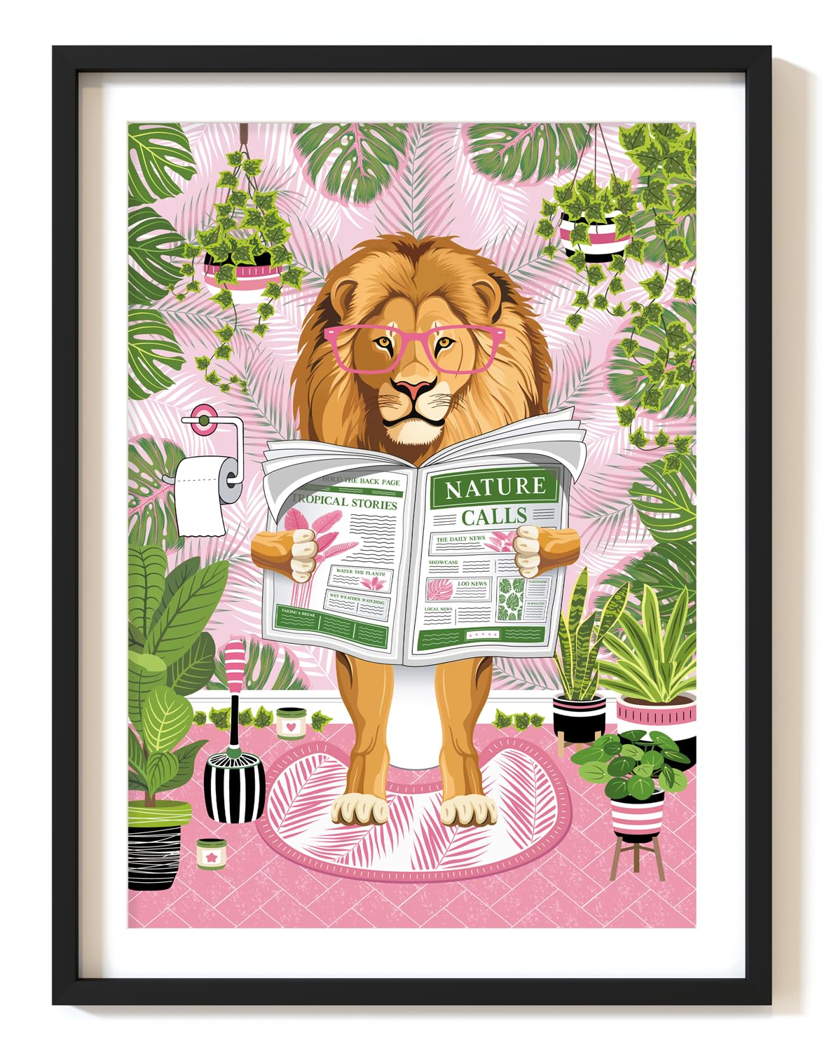 Parmaro Lion on Toilet Print, Lion Reading Newspaper Bathroom Print, A4 UNFRAMED Print, Animal on Toilet Print, Pink Botanical Print, Tropical Bathroom Decor