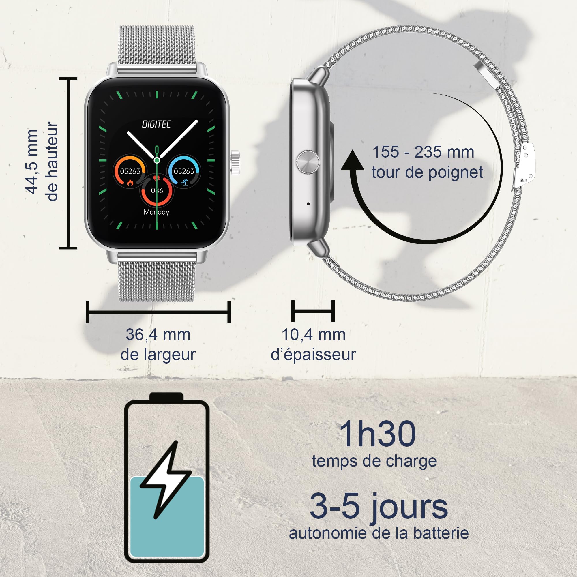 Digitec Montre connectée Square argentée avec Bracelet en Acier Maille milanaise argentée, Homme Femme, Suivi activité et Sommeil