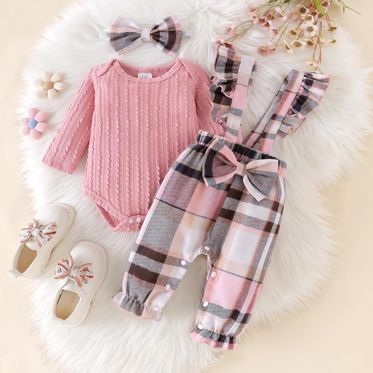 Baby Girl Clothes Newborn Suspender Overalls Long Sleeve Ribbed Romper Fall Winter Outfits Bow Headband 0-18 Months - Image 2