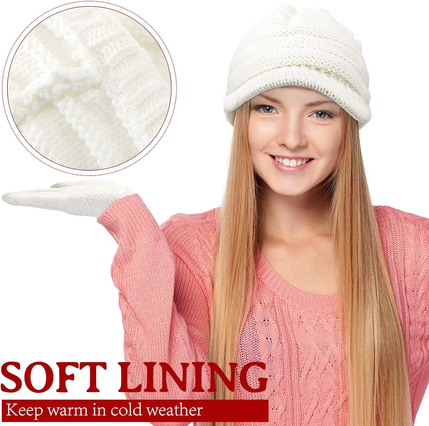 Kenning 4 Sets Winter Hats Gloves for Women Knit Beanie Women Touchscreen Glove Warm Brim Hat Warm Fleece Lined Knit Gloves Snow Ski Winter Beanie with Brim - Image 4