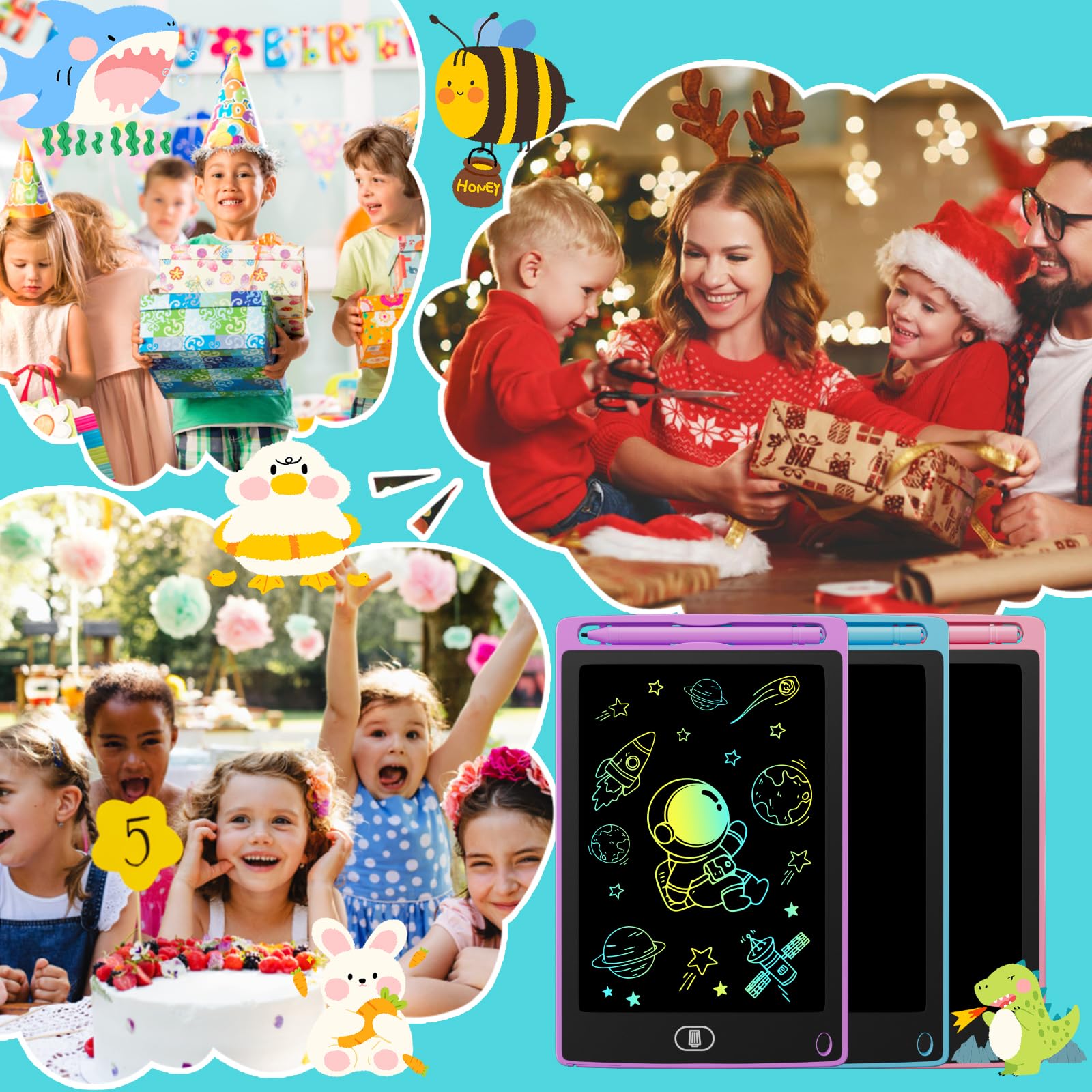 Electight 8.5 Pouces Tablette d'Écriture LCD Colorée avec Verrouillage & Effacement, Jouet Éducatif Enfants, Bleu+Rose+Violet