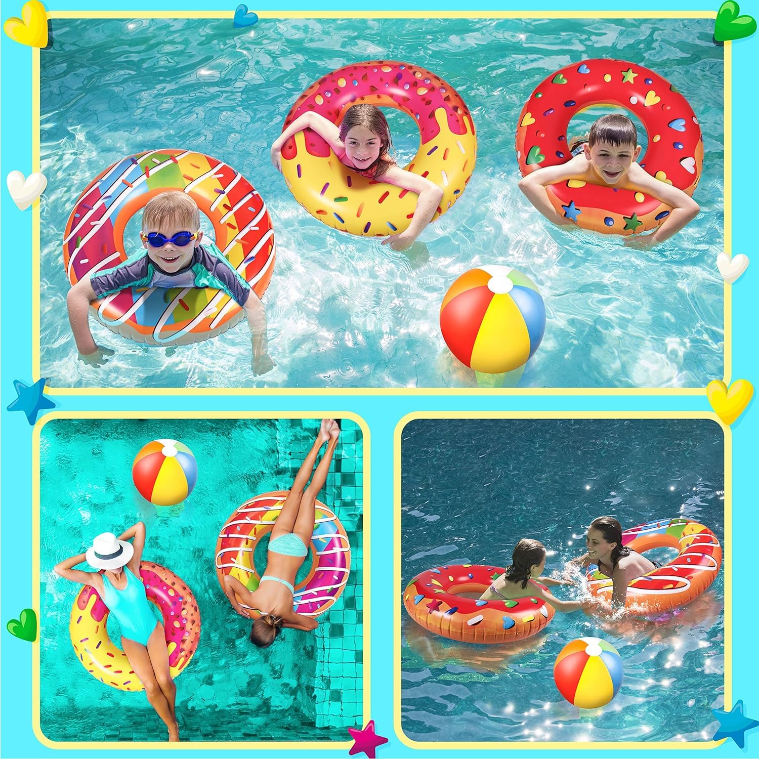 LATERN 5 Pièces Donut Flotteurs Gonflables de Piscine, 4 Pièces 75CM Anneaux de Natation en Forme de Beignet avec 35CM Ballons de Plage pour Enfants Adultes Plage Natation Piscine Fête