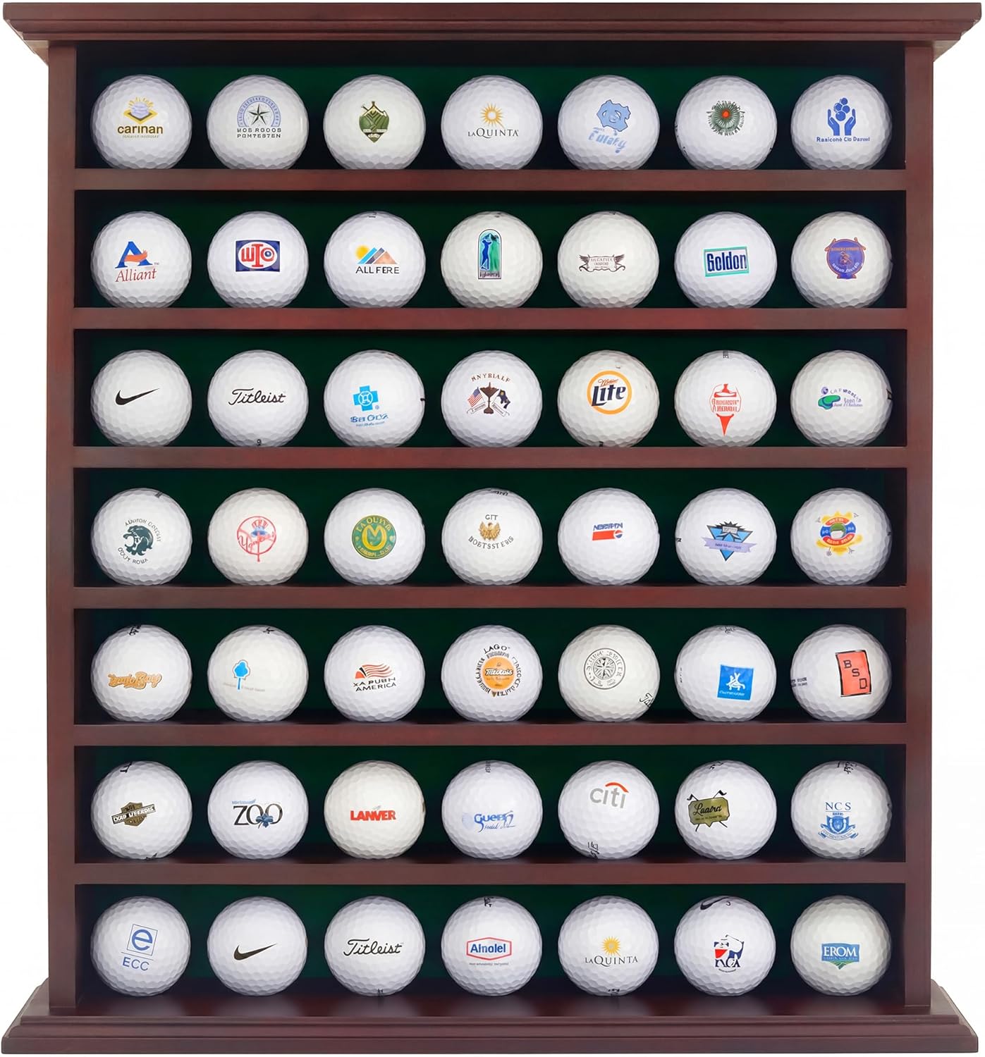 49 Golf Ball Display Case Wall Mounted -Mahogany Golf Ball Holder with Green Velvet Backing, Anti-Fall Slots, No Assembly Needed for Golf Souvenirs & Collectibles